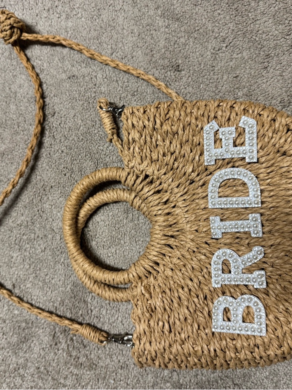 Bride Rhinestone Lettering Tan Woven Tote with Circular Handle